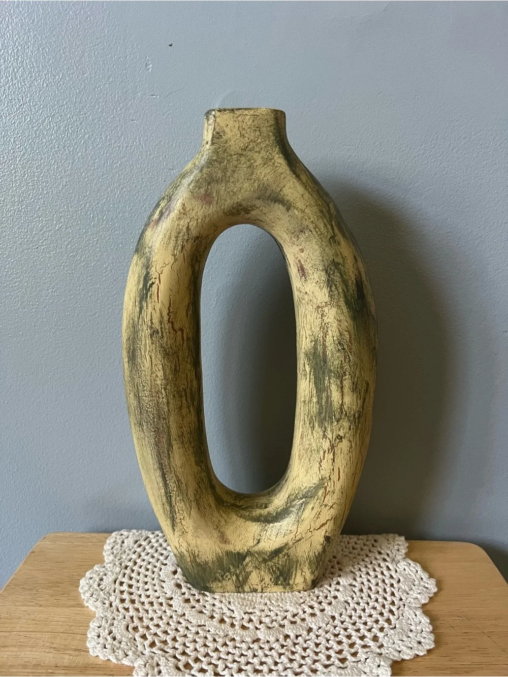 Oval Cutout Wooden Taper Holder in Distressed Yellow/GreenOrange Crackle Finish